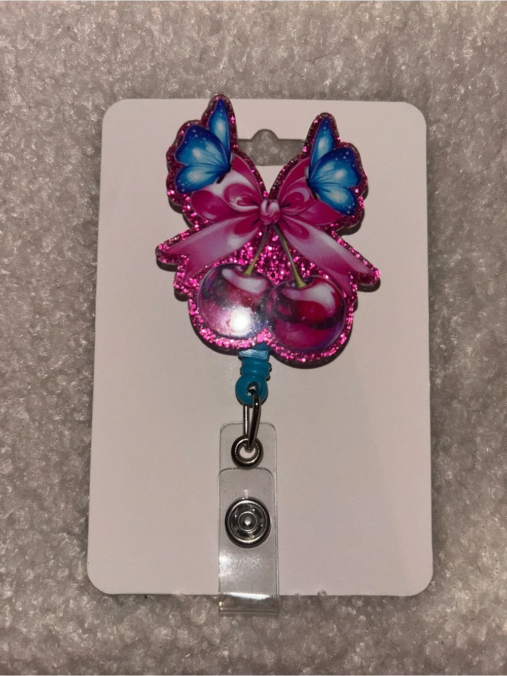 Pink Cherry & Blue Butterfly Badge Reel